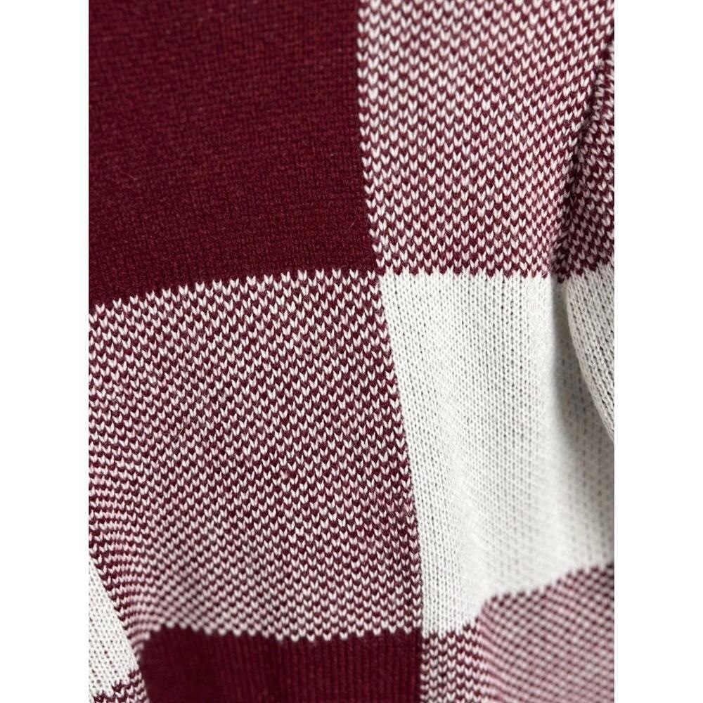 Shein Burgundy White Checkered Knit Sweater Size Medium Cropped Long Sleeve Wm’s - Picture 4 of 7